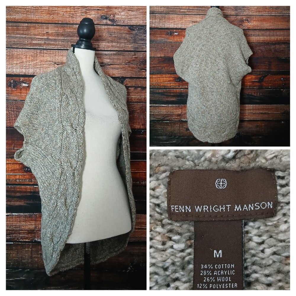 Fenn Wright Manson Cardigan Sweater M Cable Knit Beige Open Dolman Wool Blend